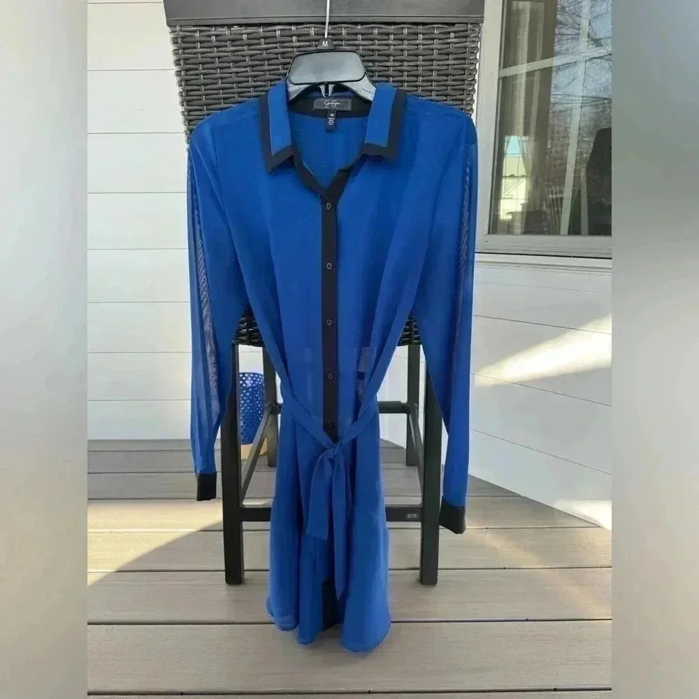 Jessica Simpson Women’s‎ Adelynn Shirt Dress Size Medium Sheer Blue/Black